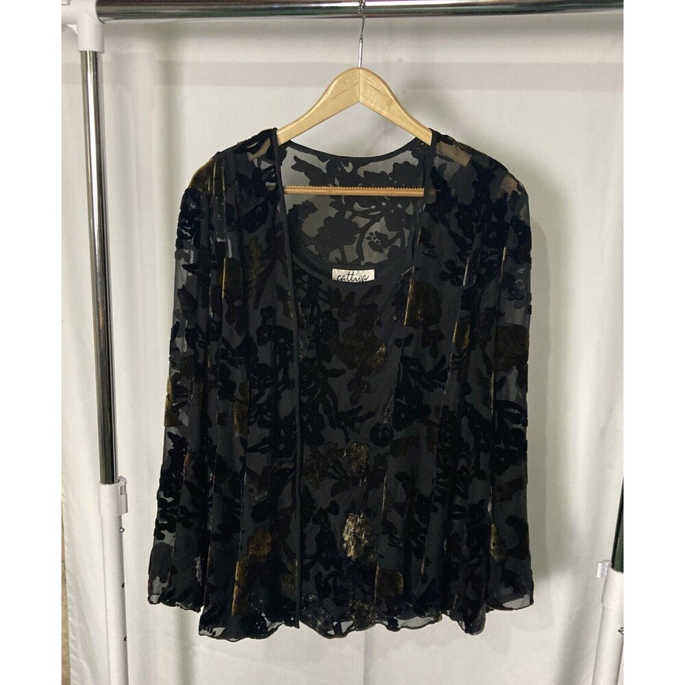 Cattiva Vintage Velvet Floral Burnout Shell & Blouse Set sz 10 Dark Romantic EUC